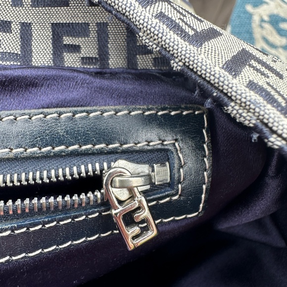 FENDI Vintage Zucchino  Navy Leather & Grey Canvas Tote Bag - Picture 11 of 17